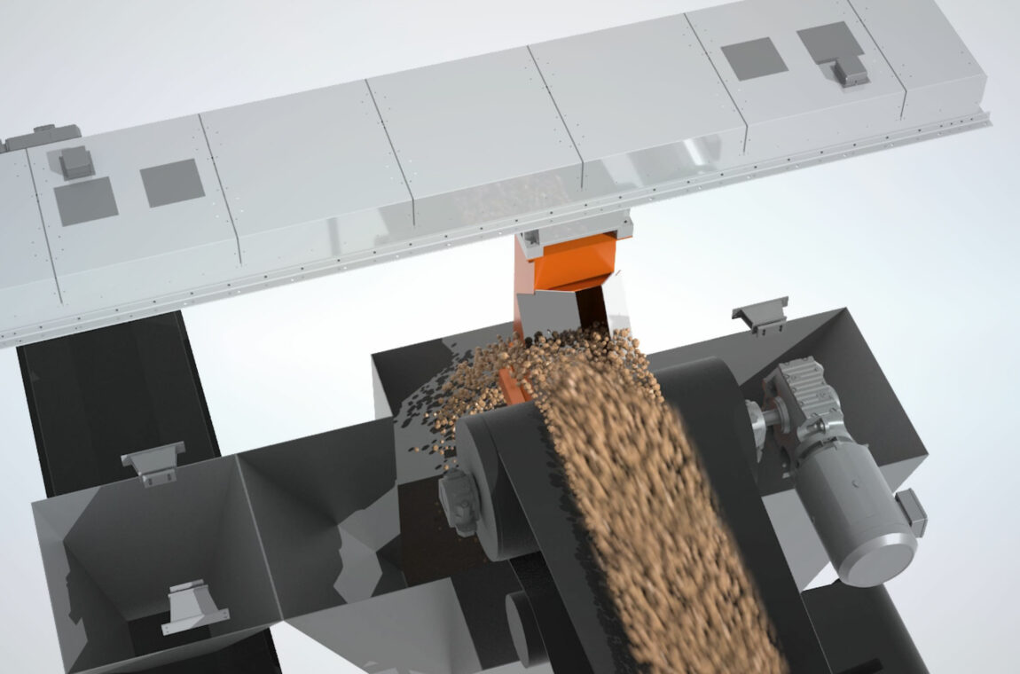 Our spoon sampler or slotted vessel sampler installed in a system for bulk solids - the device takes a sample from the product flow