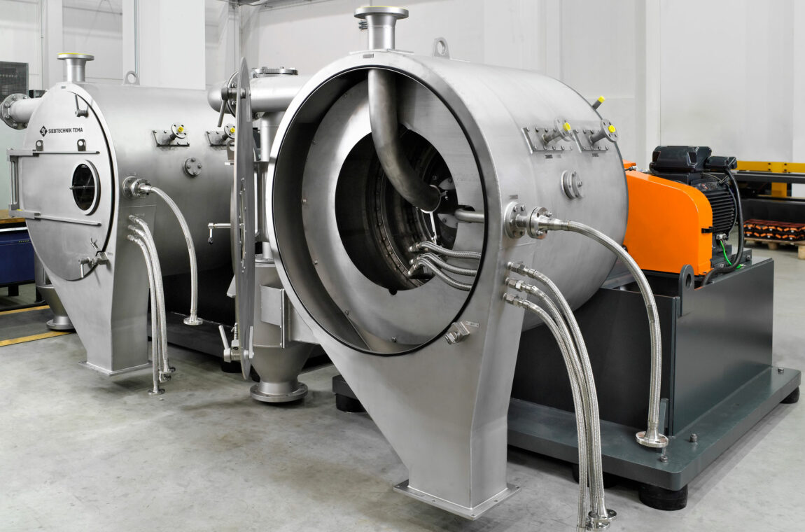 Pusher centrifuge SHS for lithium hydroxide monohydrate, opened.