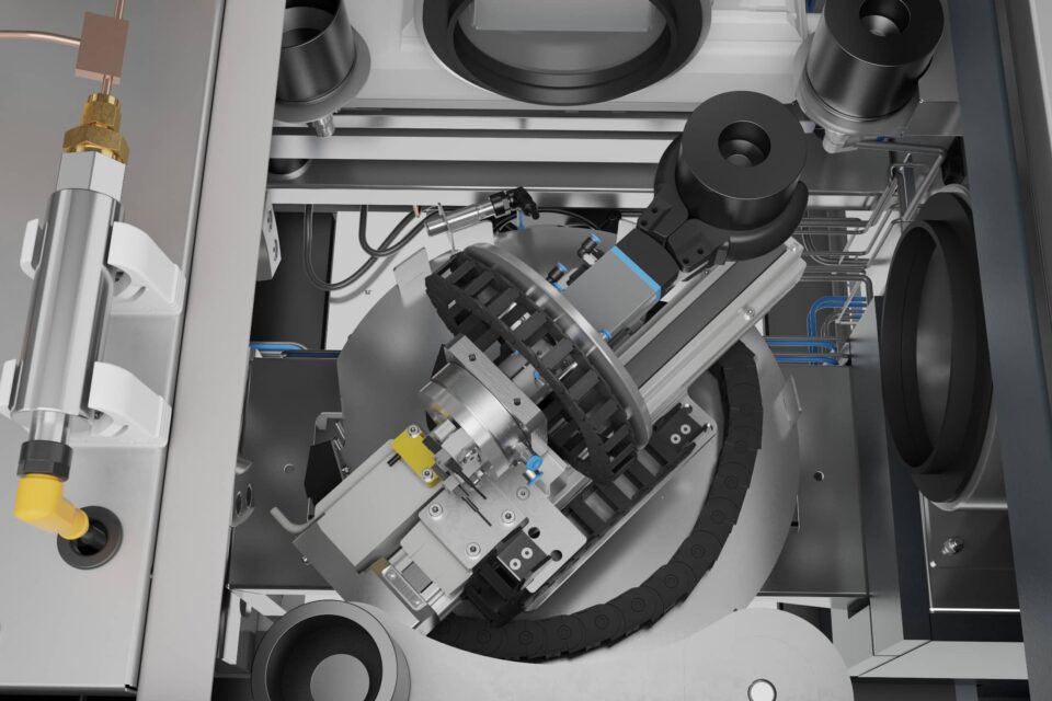 View inside the BULKINSPECTOR with all the important features for automatic density measurement, the handling device, the measuring unit, the weighing device and the unloading unit.