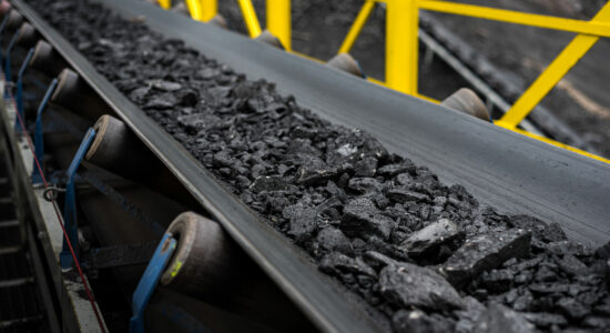 Lumps of hard coal on a conveyor belt on the way to sampling