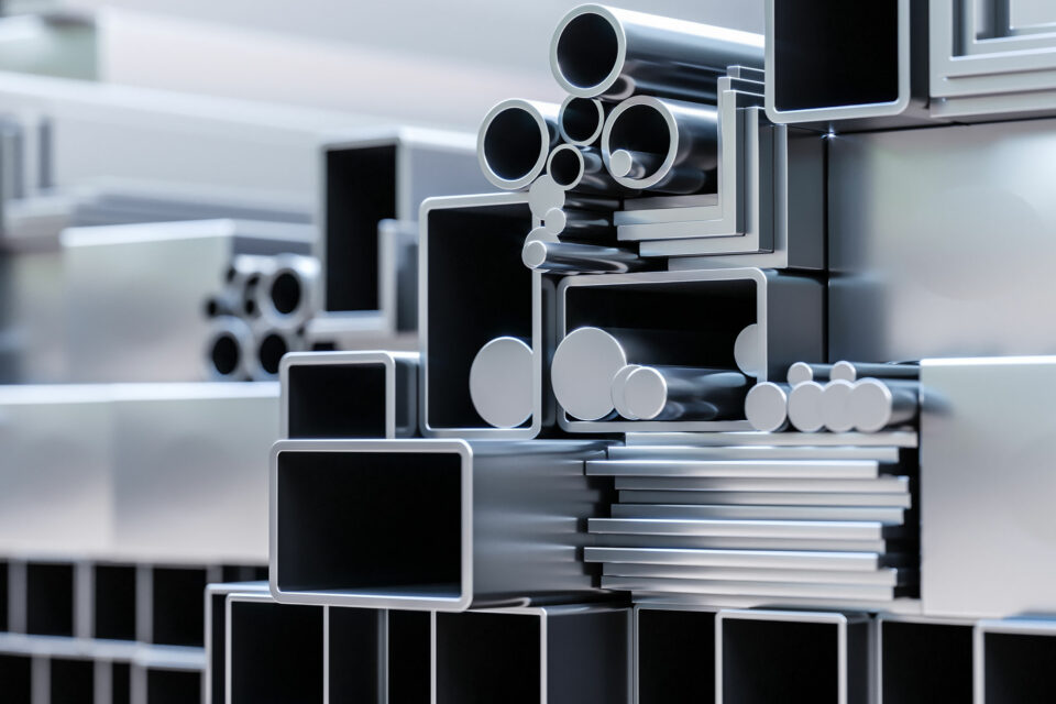 Various aluminum profiles and rods stacked on top of each other