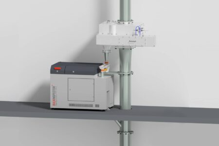 The BULKINSPECTOR gas pycnometer with upstream downpipe swivel sampler as an exemplary installation situation in an automated process for quality control of the porosity of bulk solids.