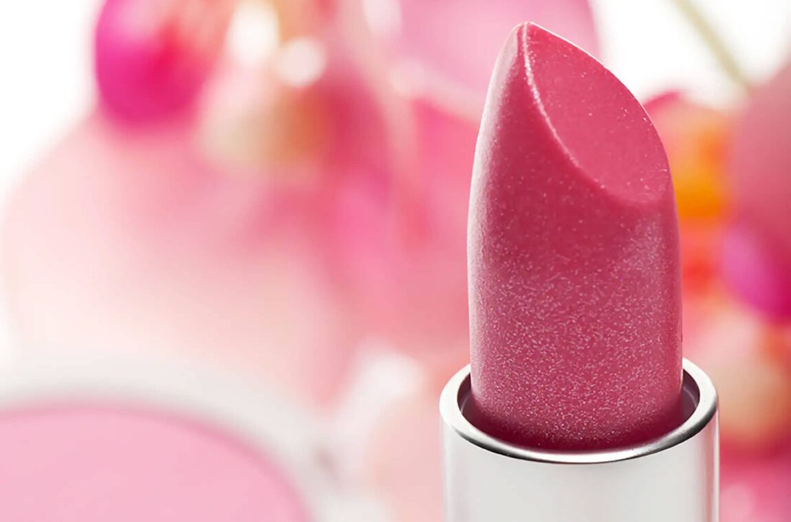 Cosmetics: Detection of pore inclusions in lipsticks - close-up of pink lipstick