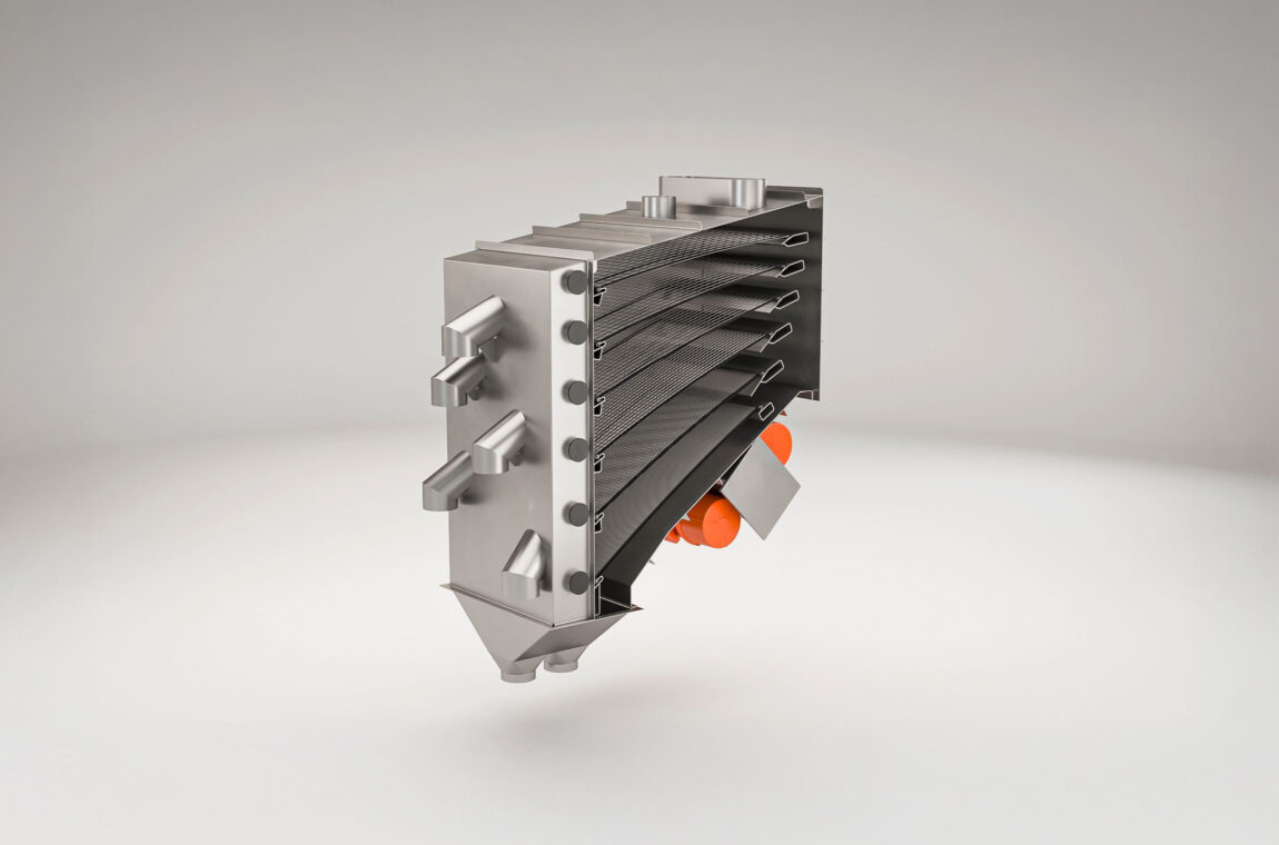 SIEBTECHNIK TEMA Multiple Deck Sizer - Compact, low weight, easy to integrate. From 2 to 7 fractions. Modular design. Easy screen change, low maintenance. - inside view