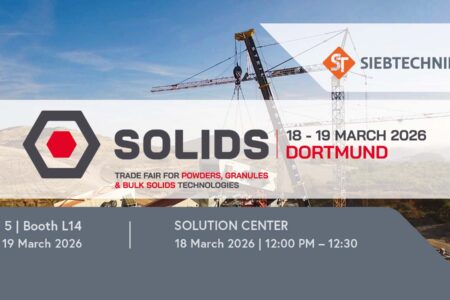 SOLIDS 2026 trade fair banner with date, location Dortmund, Hall 5 Booth L14 and Solution Center presentation time