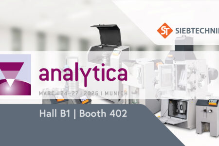 Promotional banner for SIEBTECHNIK TEMA at analytica 2026 in Munich, featuring laboratory equipment and event details: March 24–27, Hall B1, Booth 402.